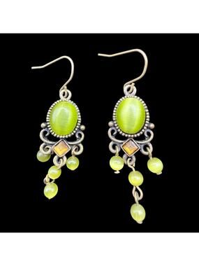 Vintage Green Cat eye effect Dangle Bead Earrings boho drop Chandelier Y2K
